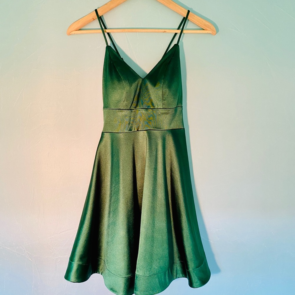 Green Satin Cross Strap Skater Dress